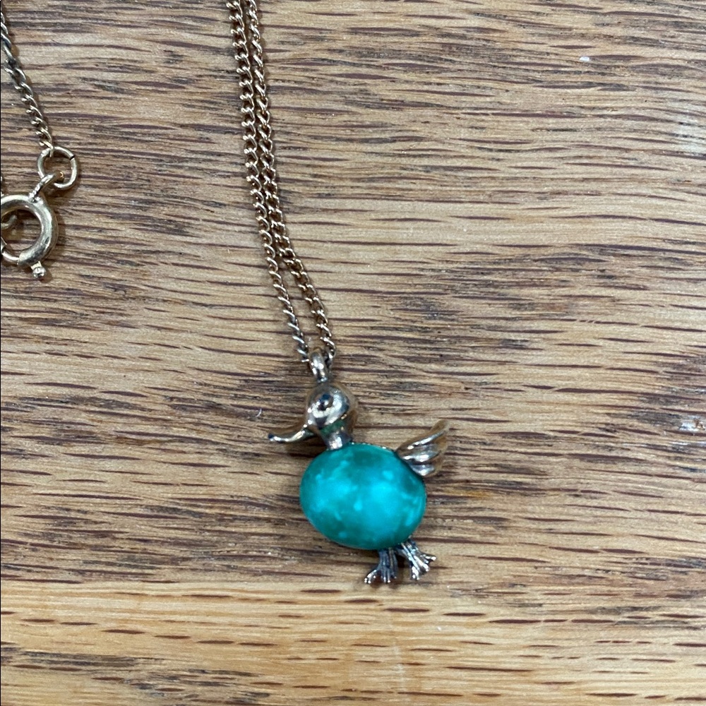 Just Ducky Pendant Necklace - Green jade look with gold tone chain necklace.NWOT